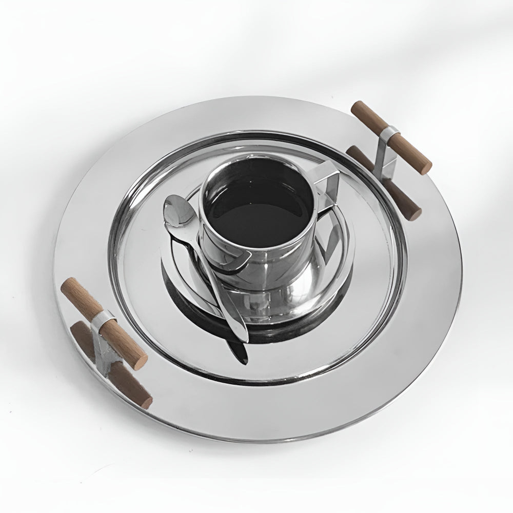 Stainless Steel Round Serving Tray with Wooden Handles