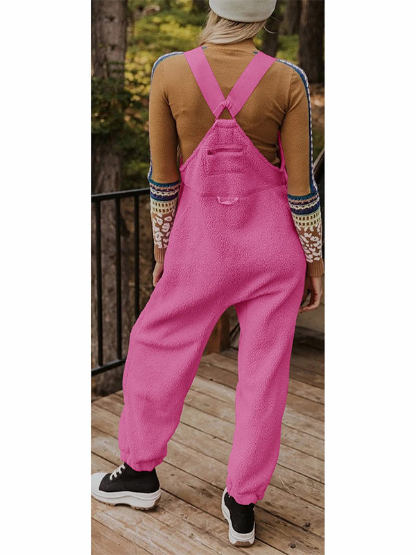 Women's Fleece Thermal Overalls with Adjustable Straps and Zippered Pockets