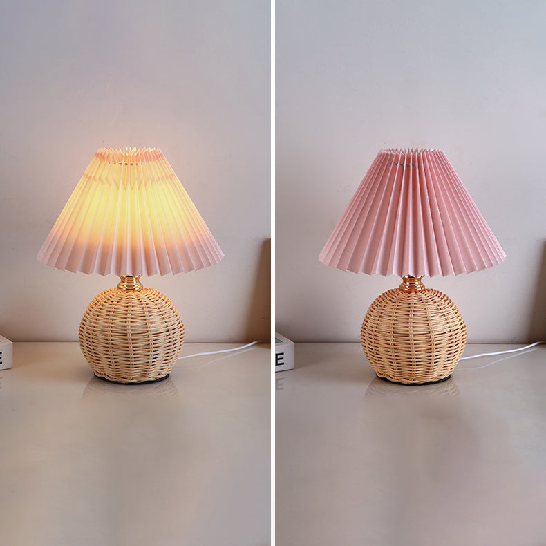 Nordic LED Table Lamp with Woven Rattan Base and Dimmable Fabric Shade