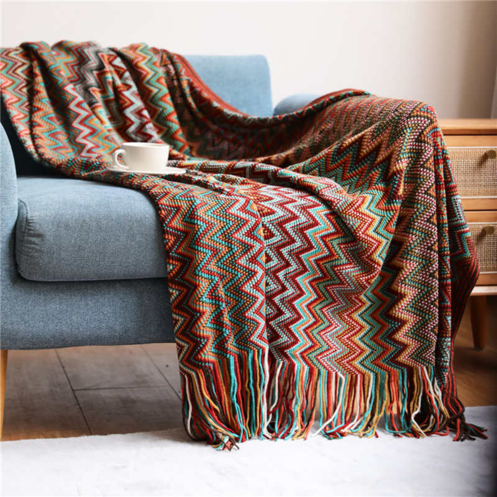 Multicolor Boho Zigzag Knit Throw Blanket with Tassels