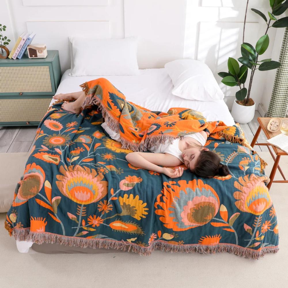 Boho Floral Cotton Throw Blanket
