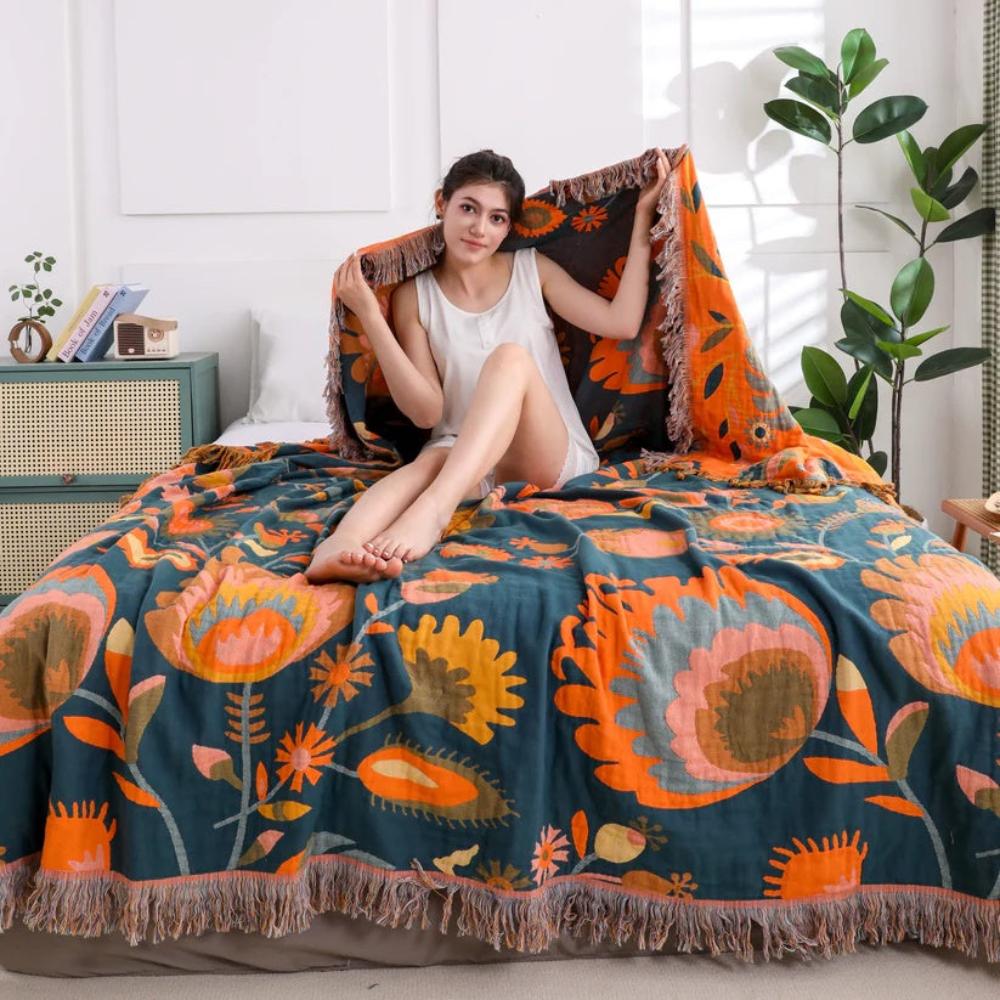 Boho Floral Cotton Throw Blanket