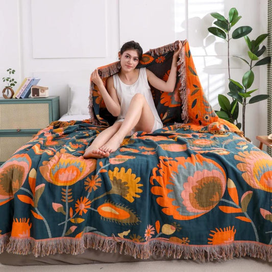 Boho Floral Cotton Throw Blanket