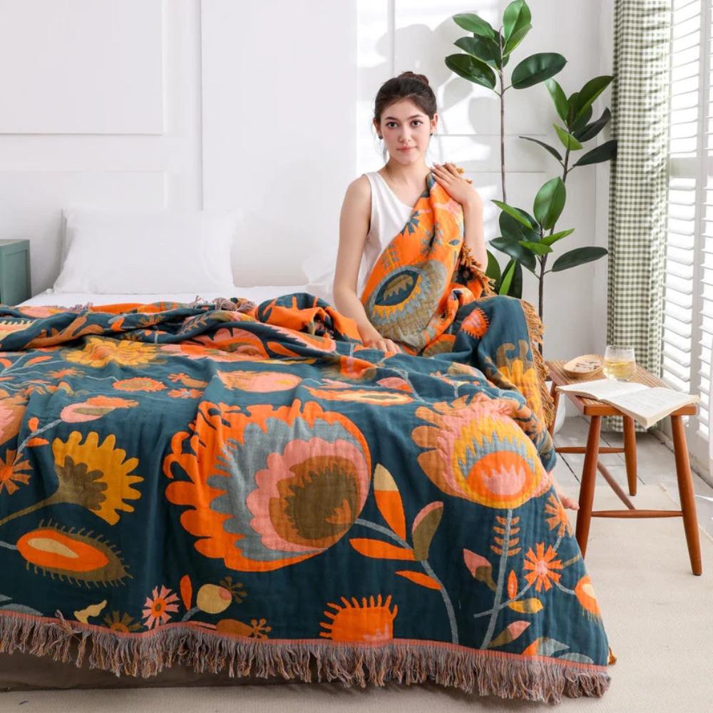 Boho Floral Cotton Throw Blanket