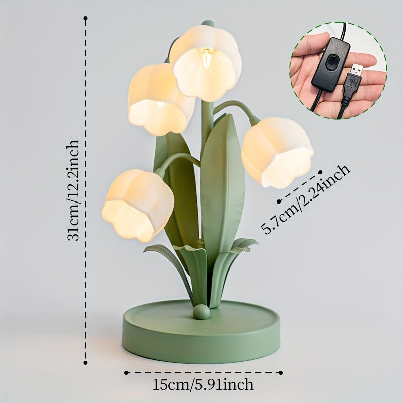 Floral Table Lamp with Tulip Shades and USB Power