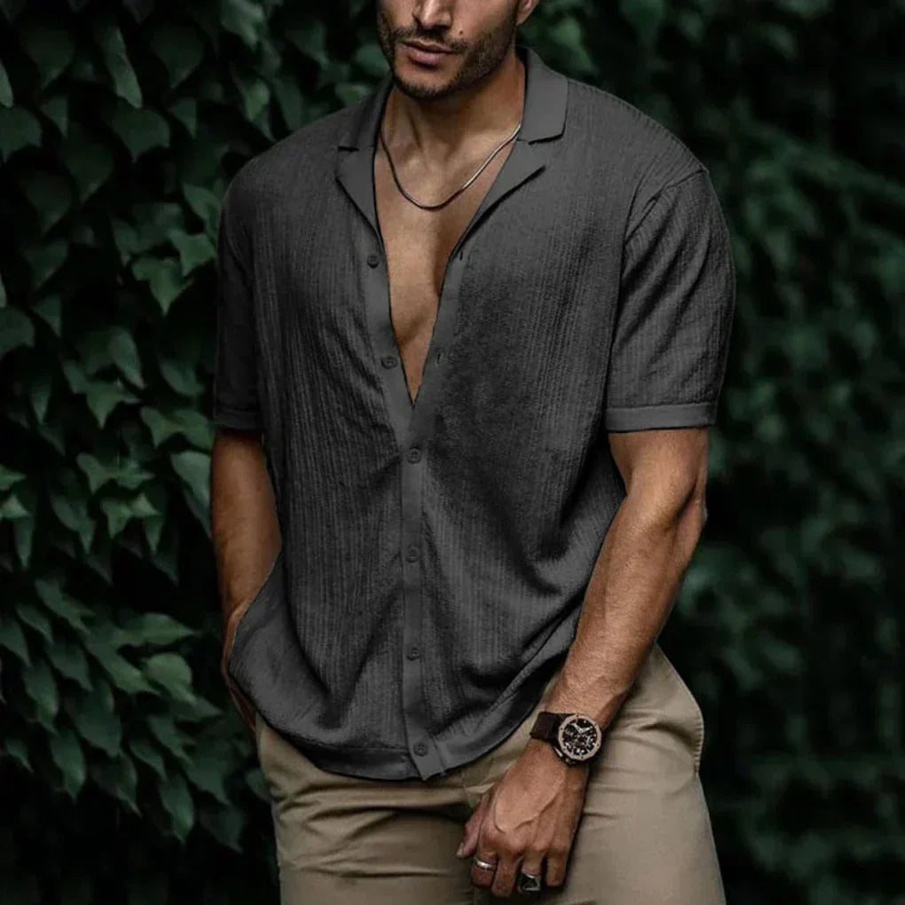 Breathable Linen Short Sleeve Men's Shirt with Button Closure