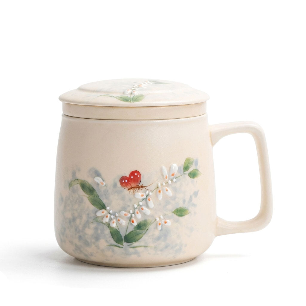 Dancing Butterfly Ceramic Tea Cup with Infuser and Lid