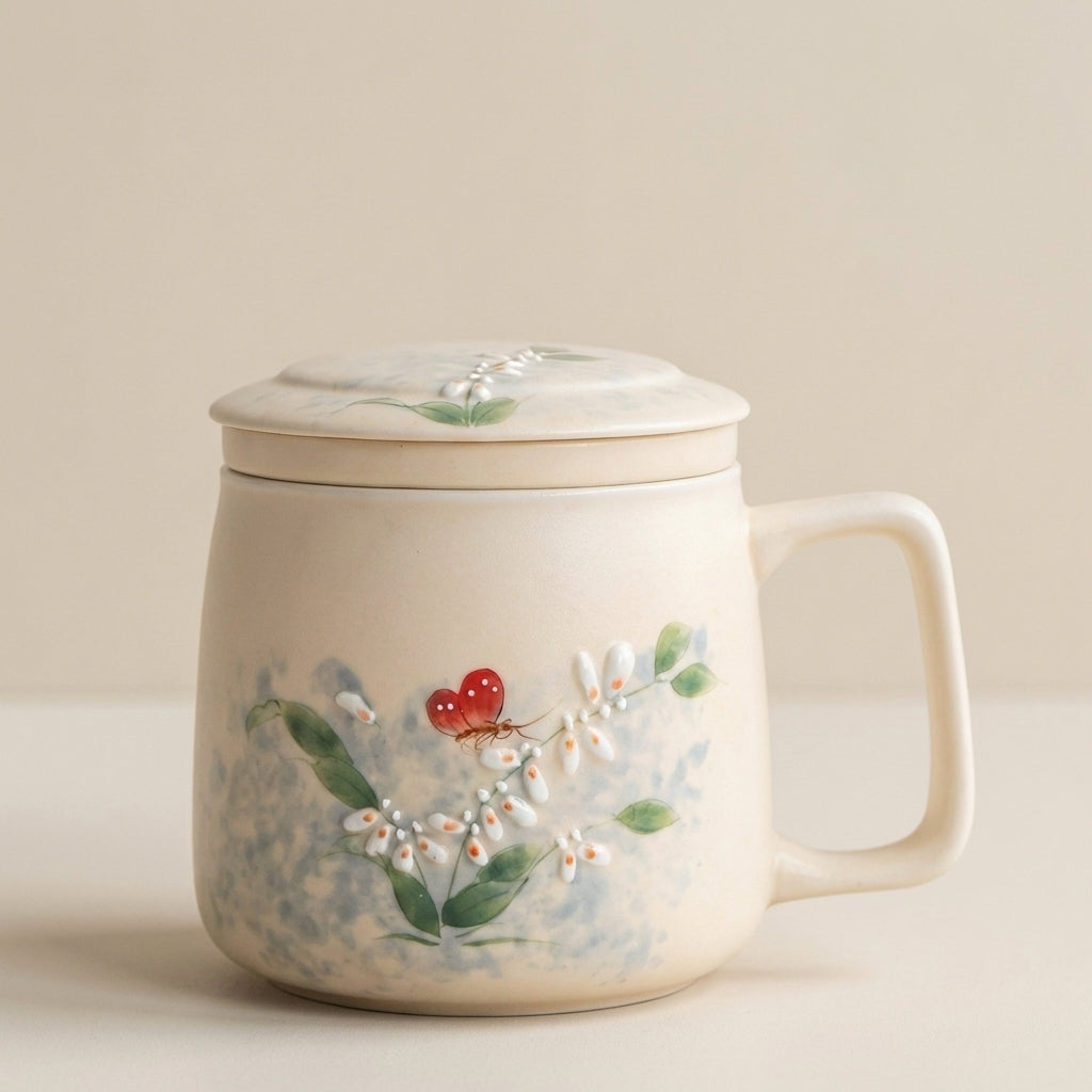 Dancing Butterfly Ceramic Tea Cup with Infuser and Lid