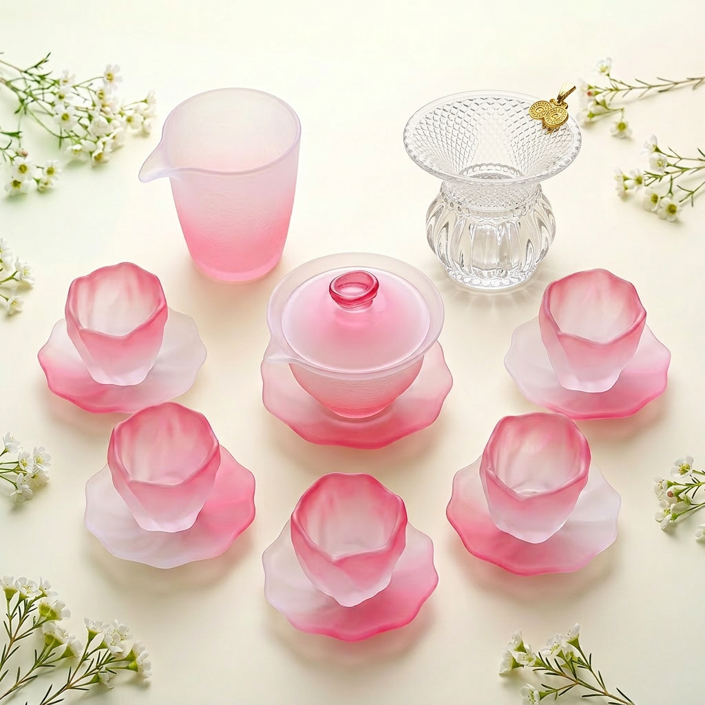 Cherry Blossom Pink Glass Tea Set with Flower-Shaped Cups