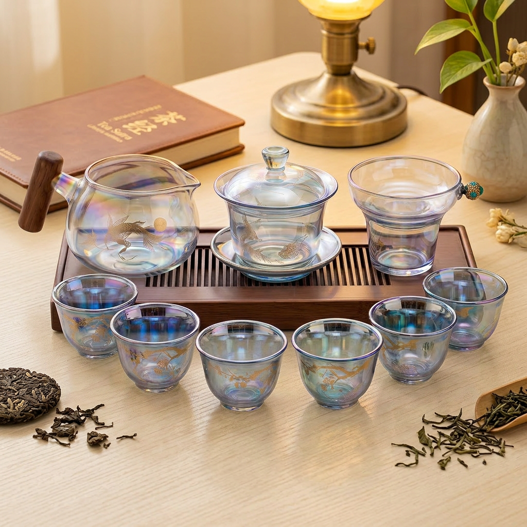 Iridescent High Borosilicate Glass Gaiwan Tea Set with Plum Blossom and Crane Designs