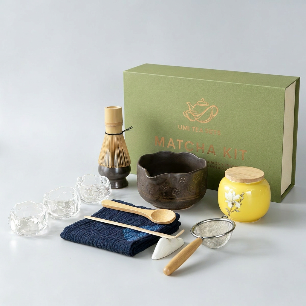 Japanese Flower Matcha Tea Set with Coarse Pottery and Bamboo Whisk