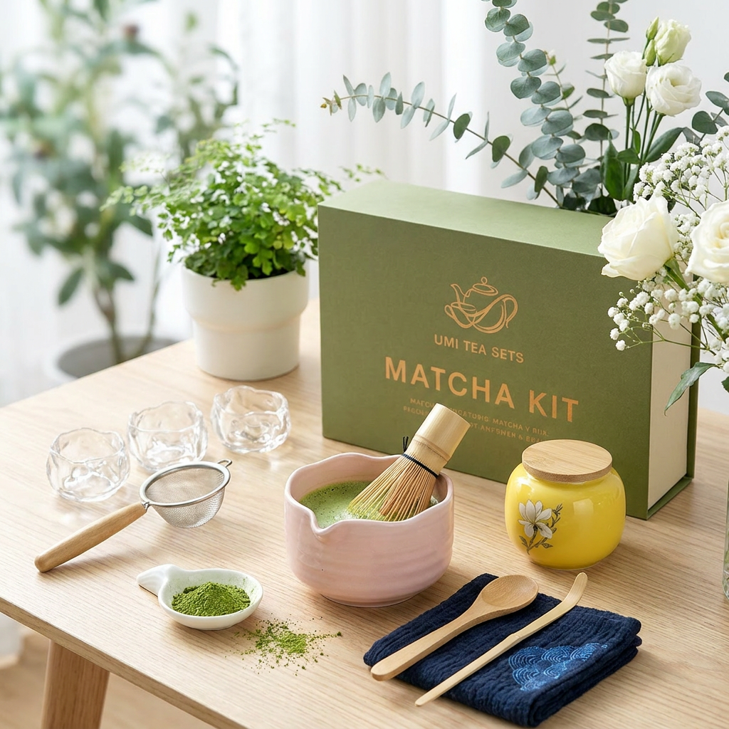 Pink Matcha Green Tea Set with Ceramic Bowl and Bamboo Whisk