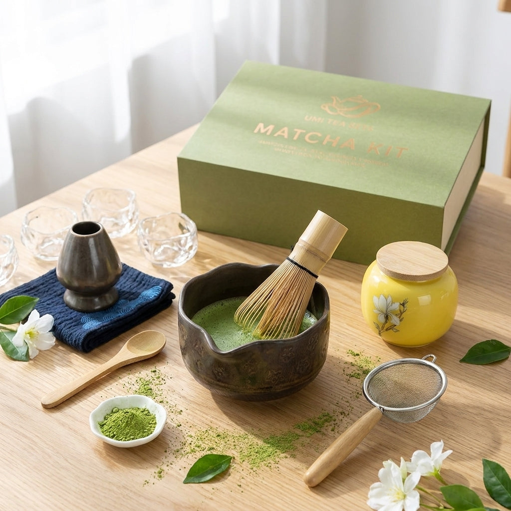 Japanese Flower Matcha Tea Set with Coarse Pottery and Bamboo Whisk