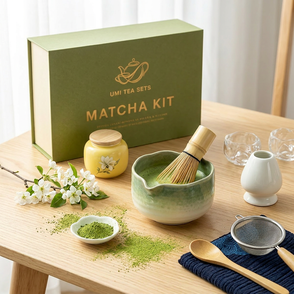 Japanese Ceramic Matcha Tea Set with Kiln-Change Green Glaze