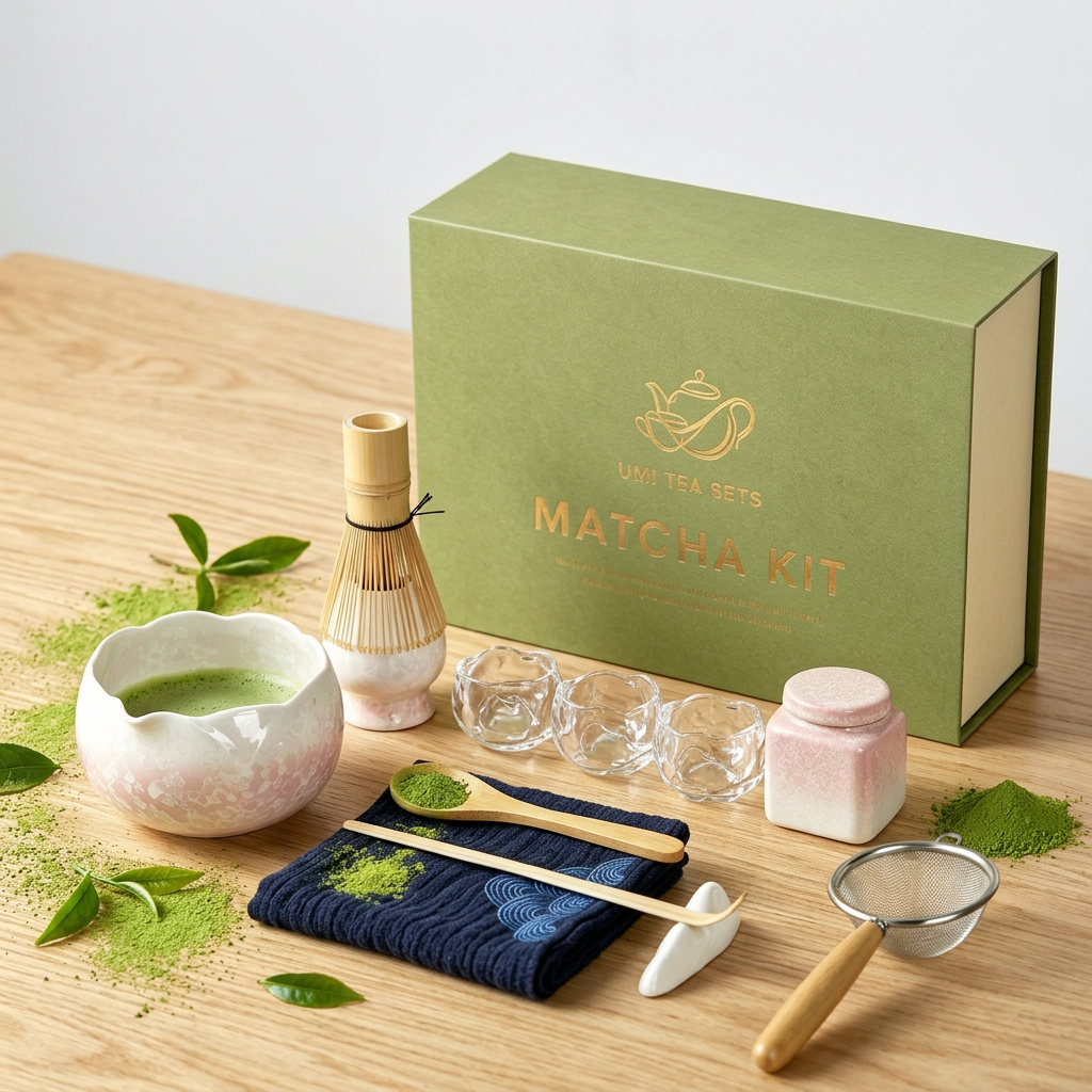 Ceramic Pink Flower Matcha Tea Set with Glass Cups and Bamboo Whisk