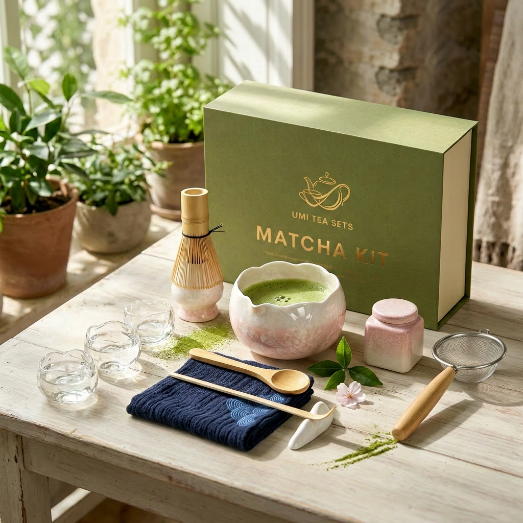 Ceramic Pink Flower Matcha Tea Set with Glass Cups and Bamboo Whisk