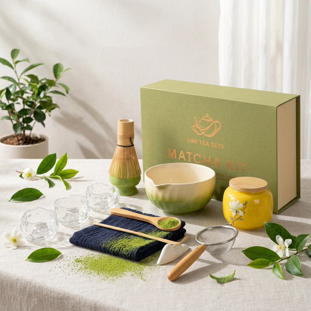 Gradient Green Ceramic Matcha Tea Set with Bamboo Whisk and Teacups
