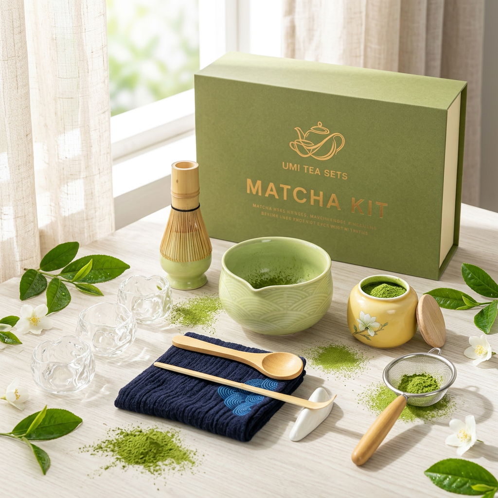 Japanese Pink Wave Ceramic Matcha Tea Set with Bamboo Whisk and Glass Cups