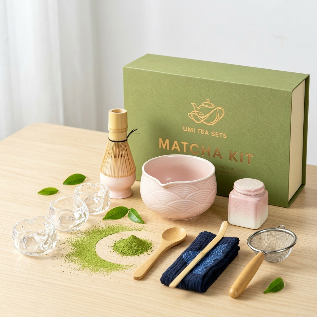 Japanese Pink Wave Ceramic Matcha Tea Set with Bamboo Whisk and Glass Cups