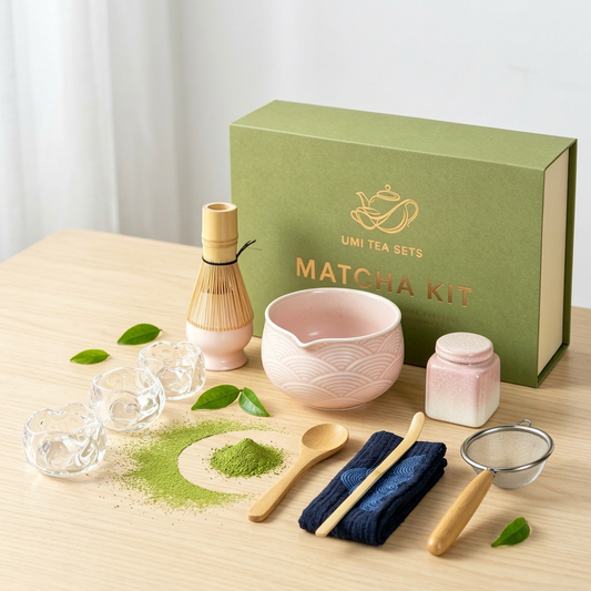 Japanese Pink Wave Ceramic Matcha Tea Set with Bamboo Whisk and Glass Cups