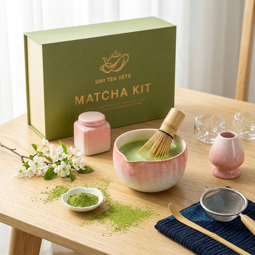 Pink Gradient Crystalline Matcha Tea Set with Bamboo Whisk and Glass Cups
