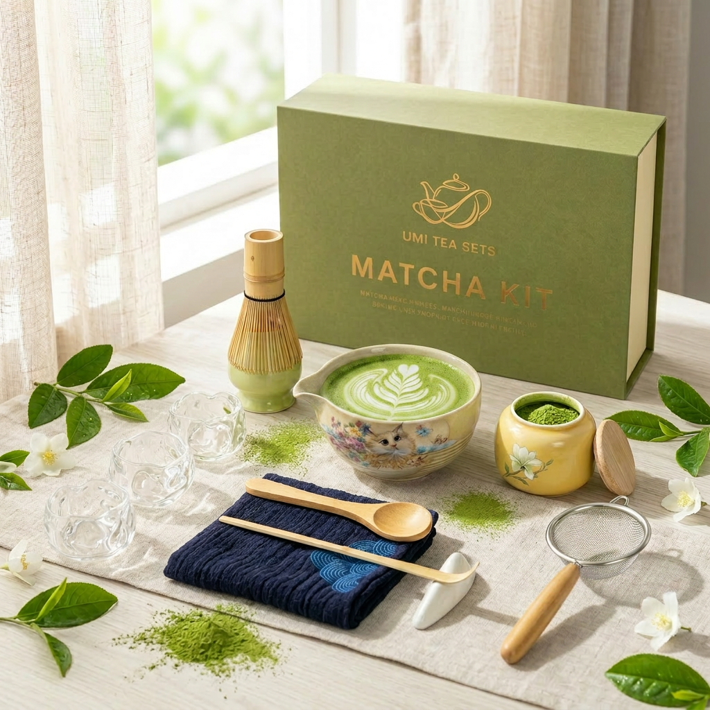 Cat-Themed Ceramic Matcha Tea Set with Bamboo Whisk and Glass Cups