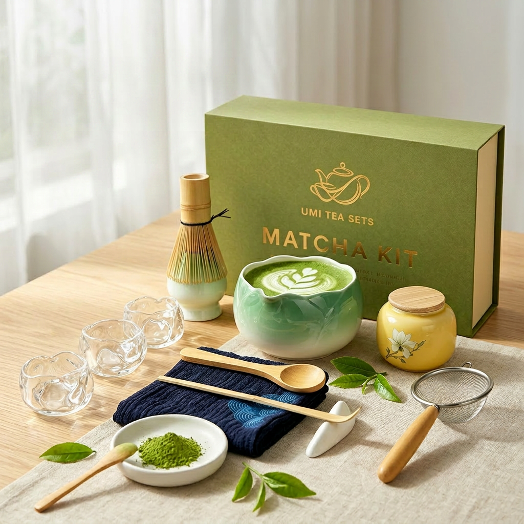 Gradient Green Matcha Tea Set with Bamboo Whisk and Glass Cups