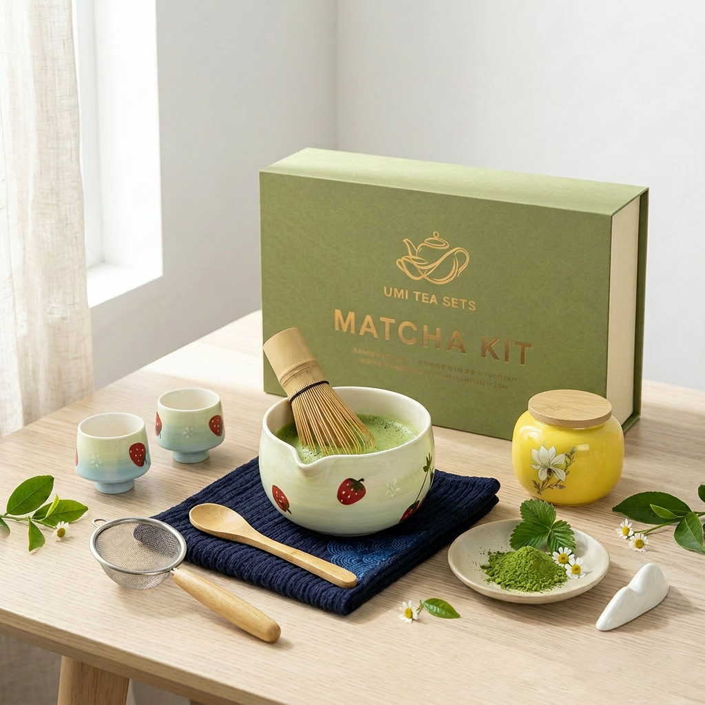 Japanese Strawberry Matcha Tea Set with Bamboo Whisk and Accessories