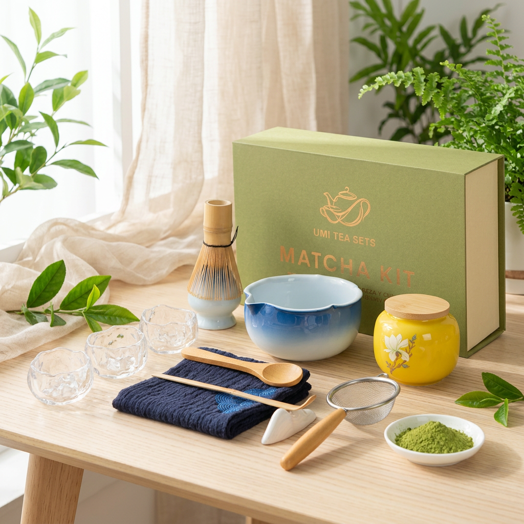 Gradient Blue Japanese Matcha Tea Set with Bamboo Whisk and Accessories