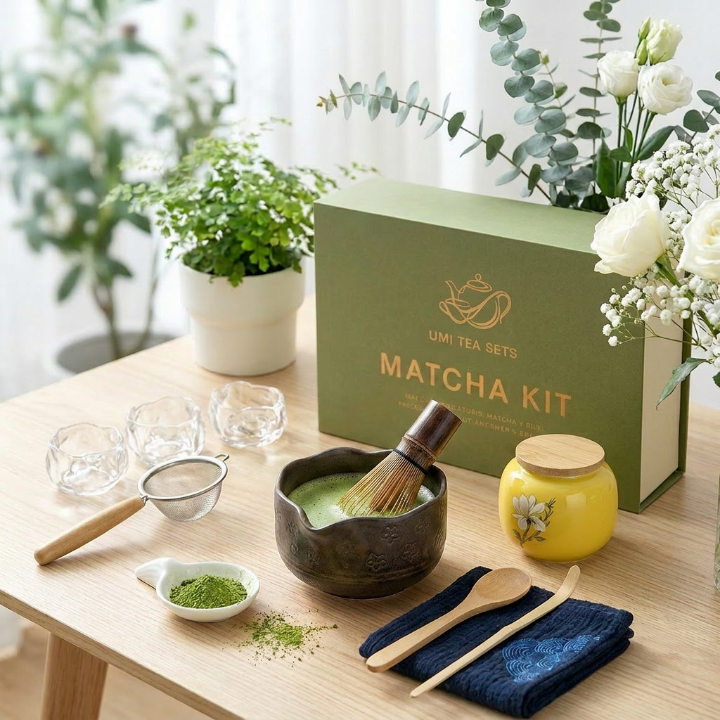 Japanese Flower Matcha Tea Set with Coarse Pottery and Bamboo Whisk
