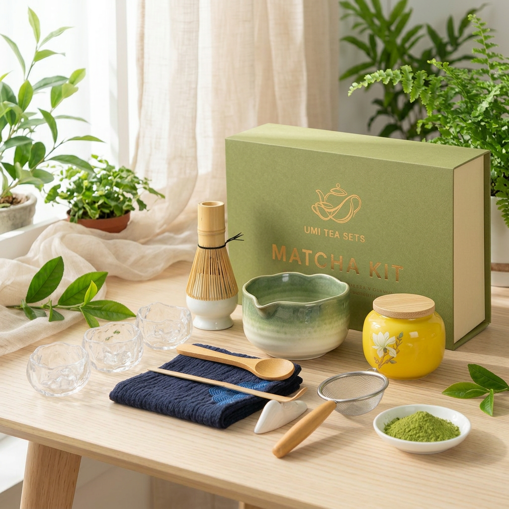 Japanese Ceramic Matcha Tea Set with Kiln-Change Green Glaze