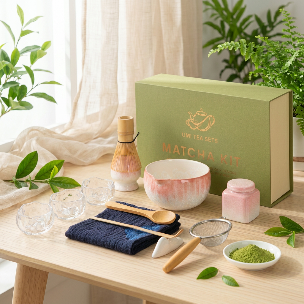 Pink Gradient Crystalline Matcha Tea Set with Bamboo Whisk and Glass Cups