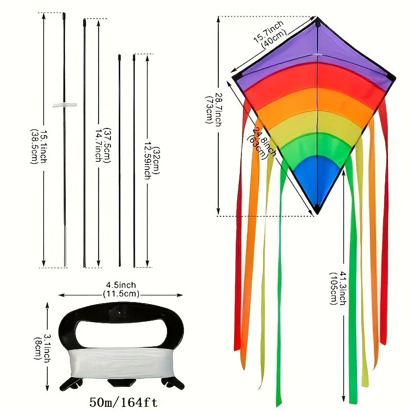 Rainbow Diamond Kite with Colorful Ribbons for Outdoor Fun