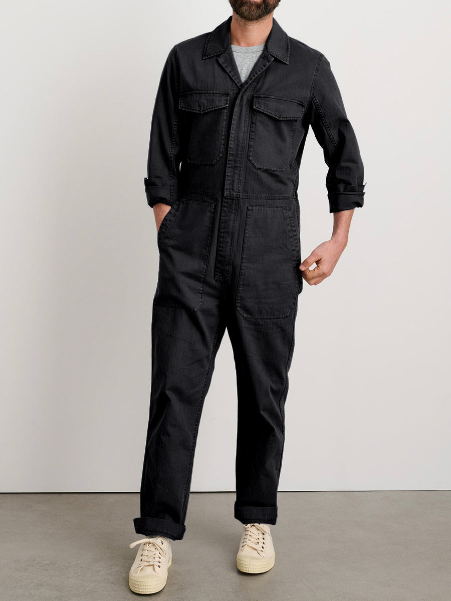 Men's Slim Fit Military Zip Jumpsuit in Cotton Herringbone