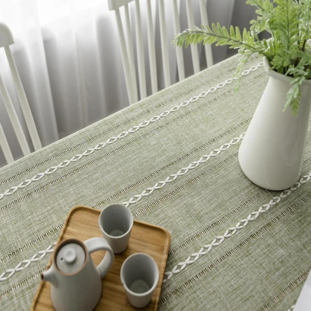 Elegant Striped Cotton Linen Tablecloth with Embroidery and Tassel Lace