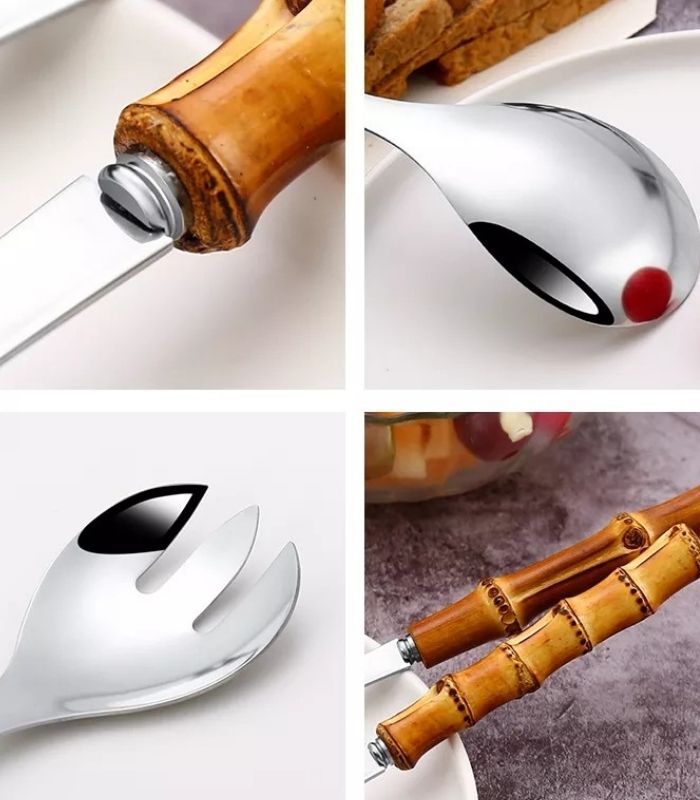 Bamboo Handle Stainless Steel Salad Serving Set