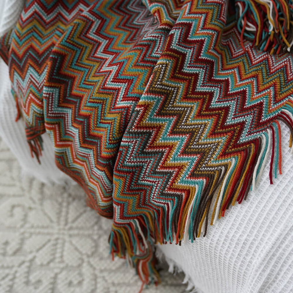 Multicolor Boho Zigzag Knit Throw Blanket with Tassels