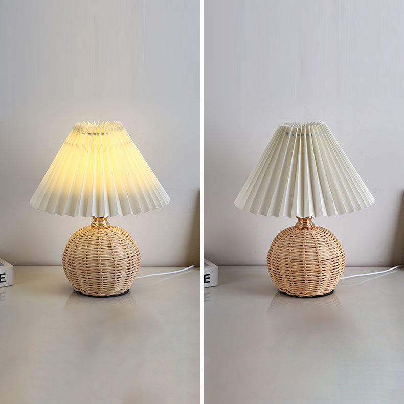 Nordic LED Table Lamp with Woven Rattan Base and Dimmable Fabric Shade