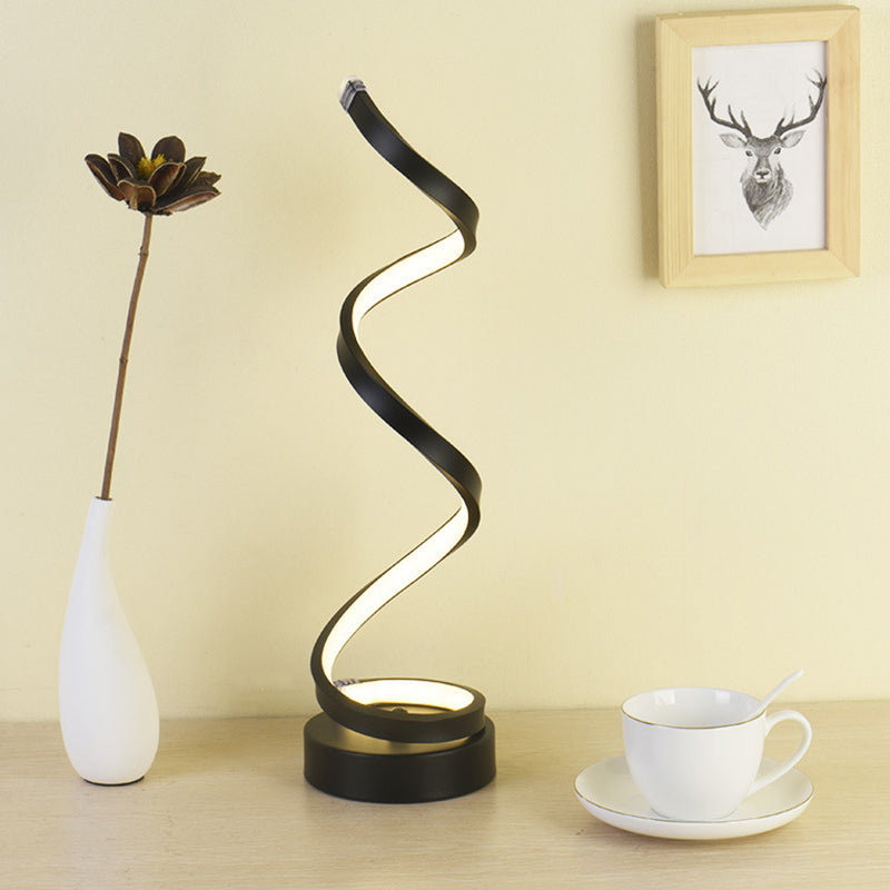 Modern Spiral Ribbon Metal Table Lamp in Black, White, and Gold with LED Warm Light