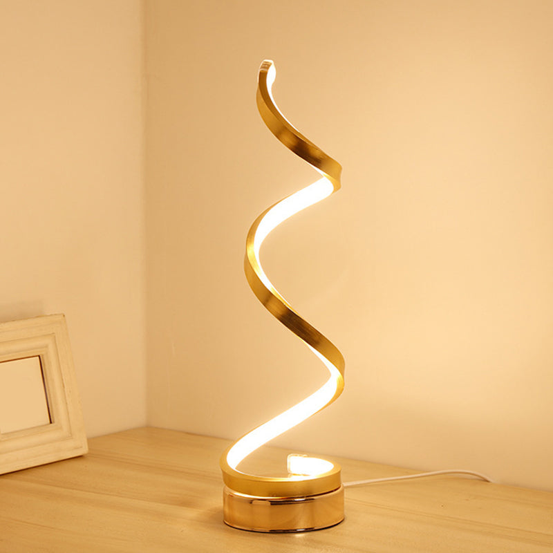 Modern Spiral Ribbon Metal Table Lamp in Black, White, and Gold with LED Warm Light