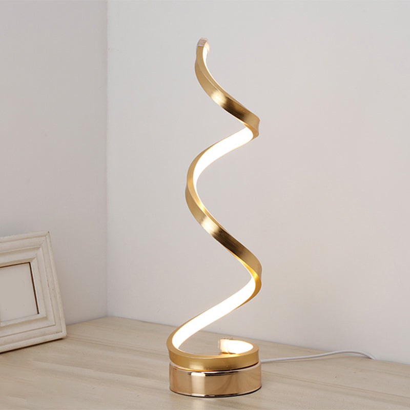 Modern Spiral Ribbon Metal Table Lamp in Black, White, and Gold with LED Bulb