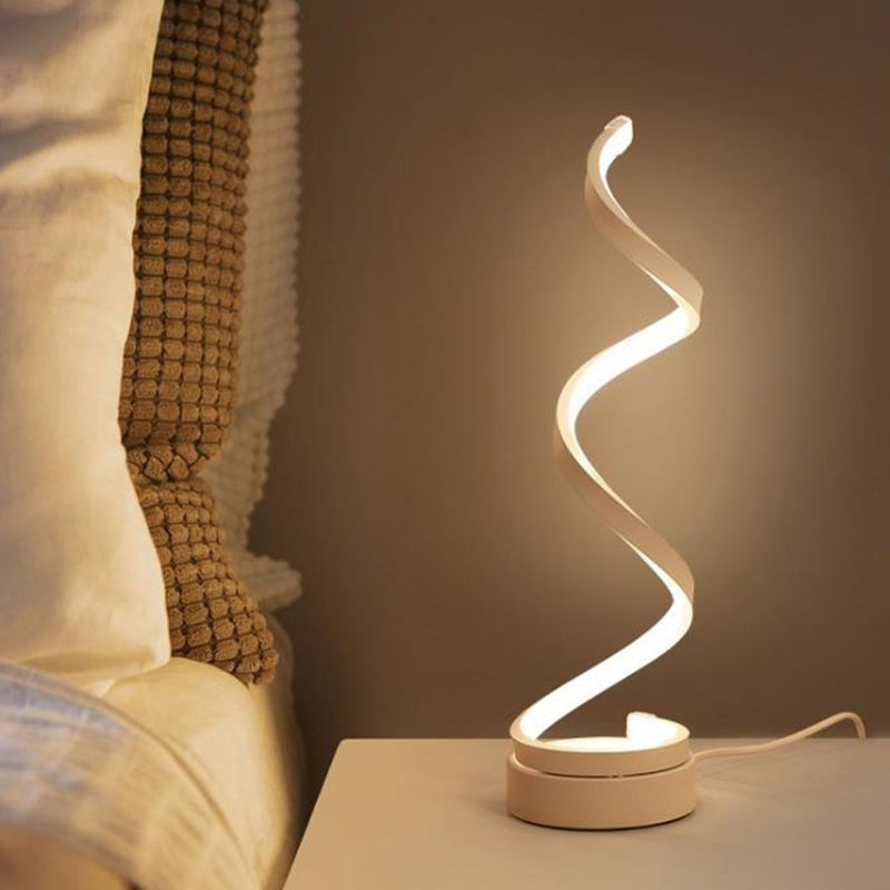 Modern Spiral Ribbon Metal Table Lamp in Black, White, and Gold with LED Warm Light