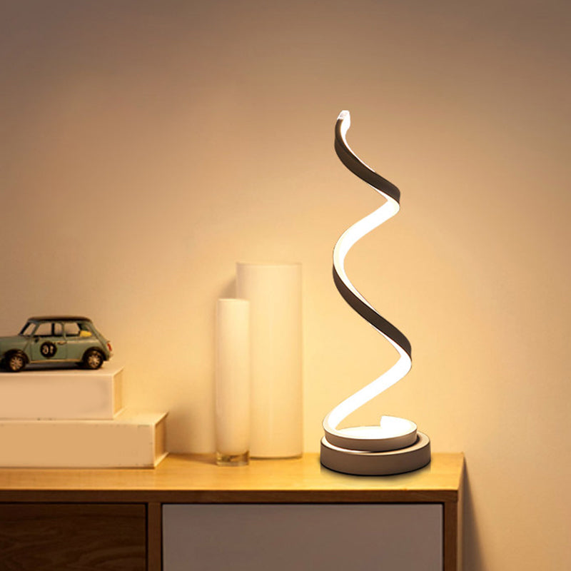 Modern Spiral Ribbon Metal Table Lamp in Black, White, and Gold with LED Bulb