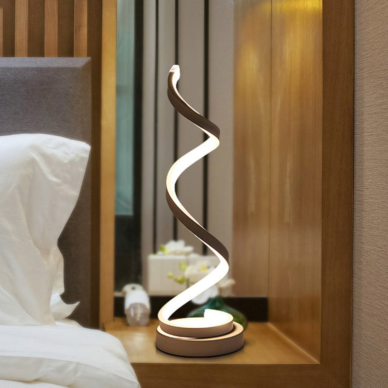 Modern Spiral Ribbon Metal Table Lamp in Black, White, and Gold with LED Bulb
