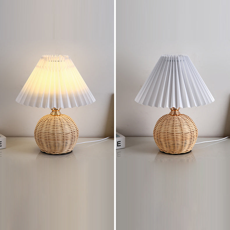 Nordic LED Table Lamp with Woven Rattan Base and Dimmable Fabric Shade