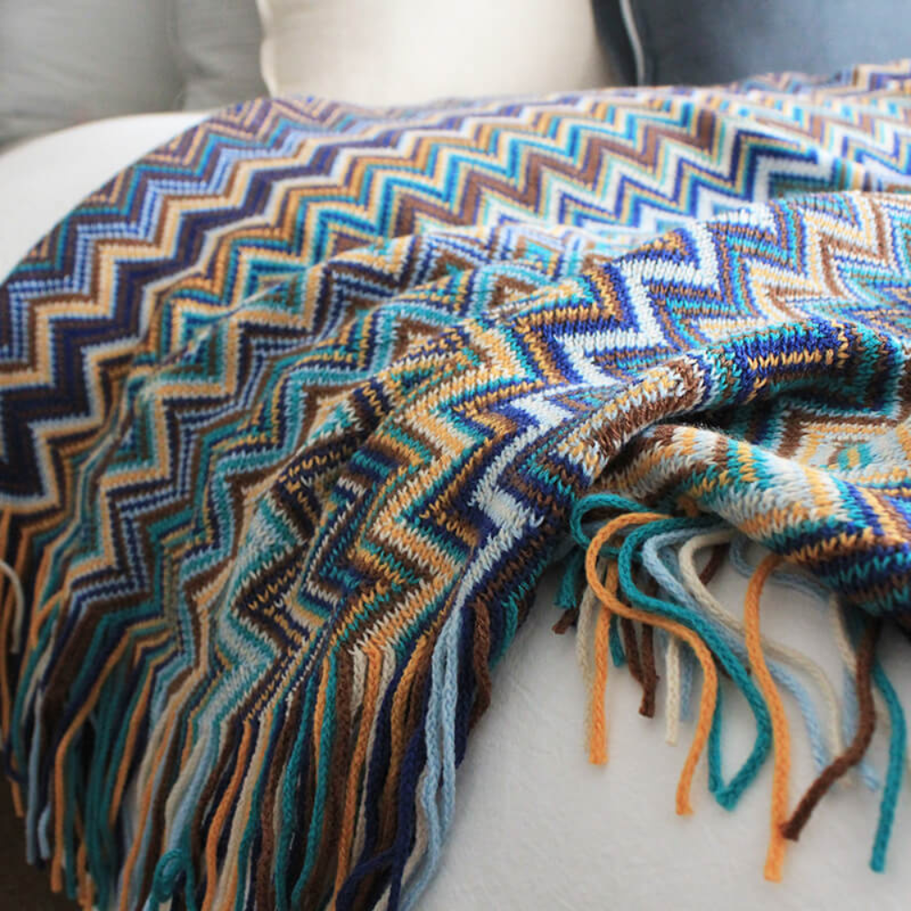 Multicolor Boho Zigzag Knit Throw Blanket with Tassels