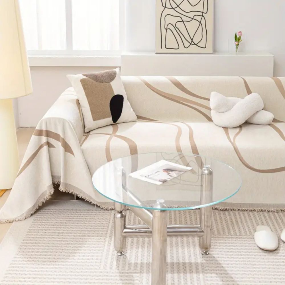 Non-Slip Wave Lines Chenille Sofa Cover with Tassels