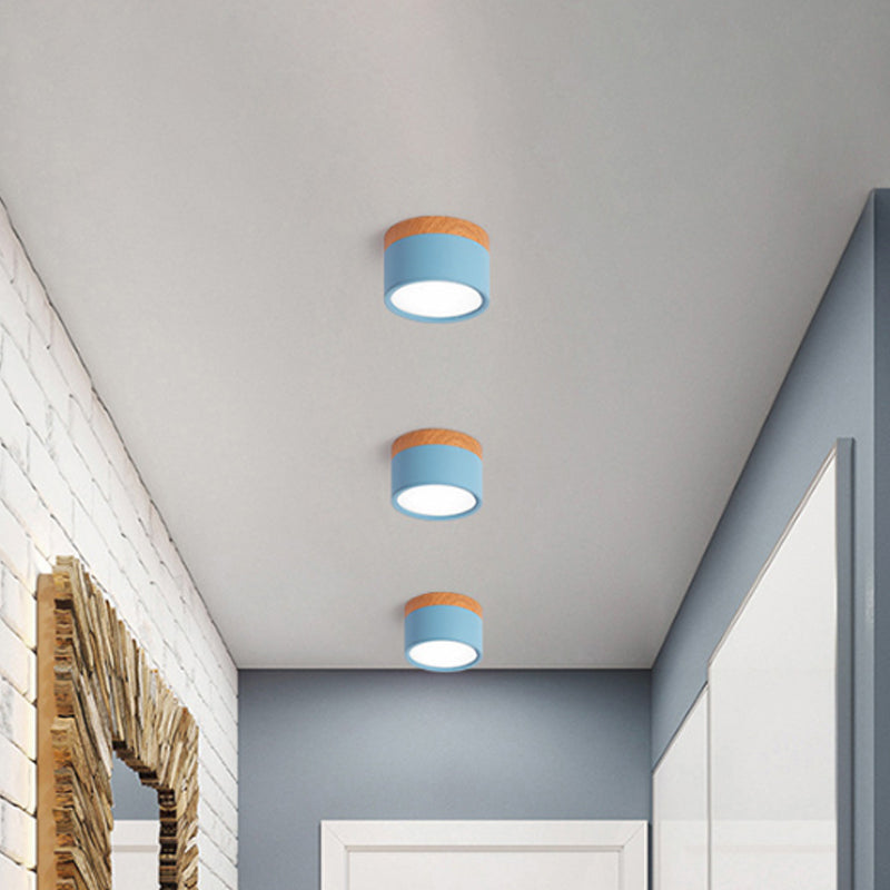 Compact Macaron Ceiling Light in Yellow, Blue, and Black - Modern Metal and Wood Flush Mount for Kitchen and Bar