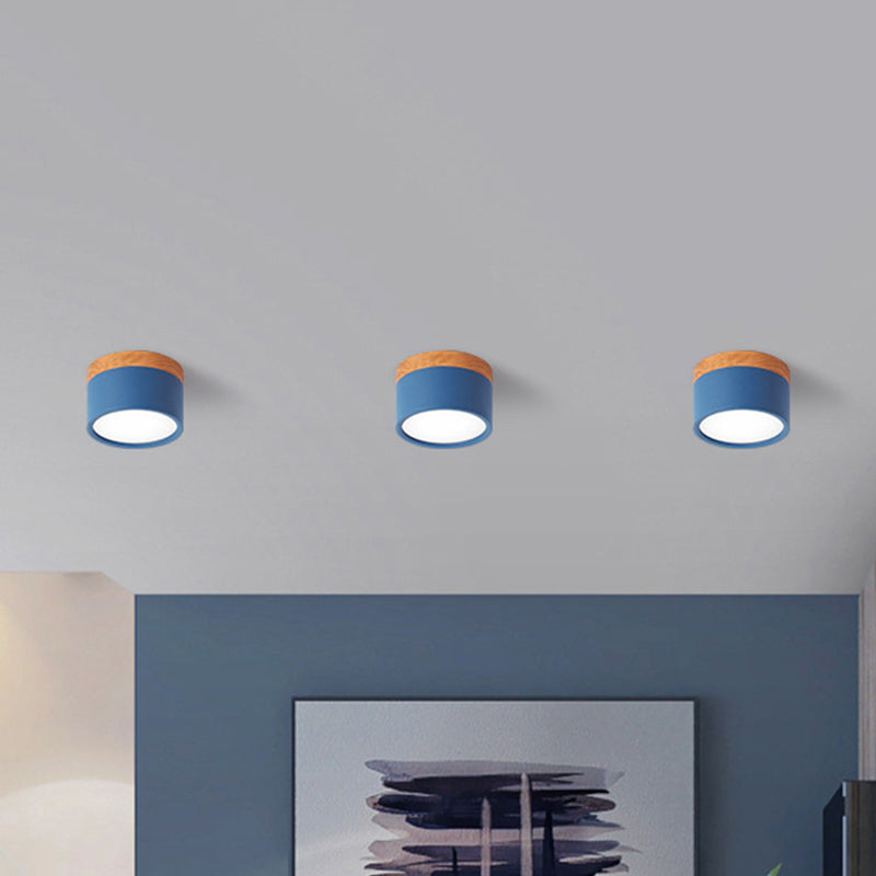 Compact Macaron Ceiling Light in Yellow, Blue, and Black – Modern Metal and Wood Flush Mount for Kitchen and Bar