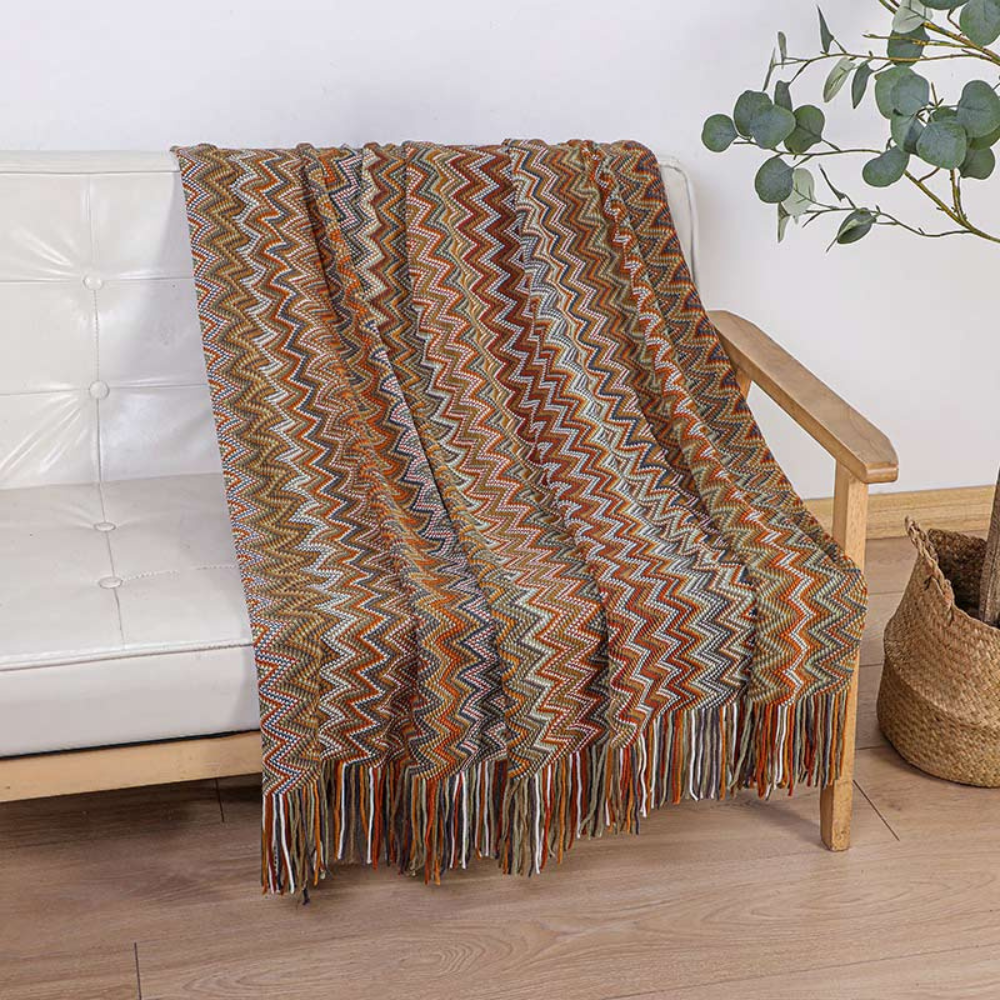 Multicolor Boho Zigzag Knit Throw Blanket with Tassels
